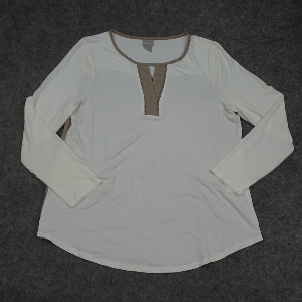 Chicos Top Womens 1 Regular Medium M Ivory Brown Pullover Flowy Embellished